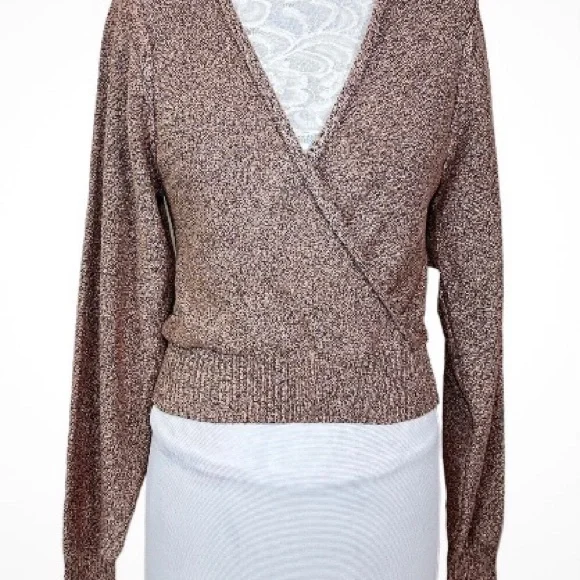FREE PEOPLE Sweater GOING FOR THE GOLD Rose Pink & Glitter Gold Faux Wrap SZ XS - Picture 8 of 15